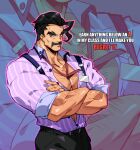  1boy arm_hair bara biceps black_hair collared_shirt crossed_arms facial_hair feet_out_of_frame hairy leather leather_belt looking_at_viewer male_focus manly mature_male muscular muscular_male mustache na_insoo open_clothes open_shirt pants partially_unbuttoned pectoral_cleavage pectorals pokemon pokemon_(game) pokemon_sv shirt short_hair solo teacher_(pokemon) text_focus thick_arms thick_eyebrows upper_body yellow_eyes 