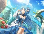  1girl :d asuna_(sao-alo) blue_eyes blue_hair blue_skirt breasts cleavage detached_sleeves dutch_angle floating_hair flower game_cg hair_intakes hair_ornament layered_skirt long_hair long_skirt long_sleeves medium_breasts open_mouth pointy_ears red_flower red_rose rose shiny shiny_hair sitting skirt smile solo sword_art_online very_long_hair white_skirt white_sleeves 