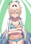  1girl absurdres aqua_eyes bikini blonde_hair blush breasts embarrassed haori highres hololive japanese_clothes kazama_iroha kisara_mikami medium_breasts navel ponytail swimsuit two-tone_bikini virtual_youtuber 