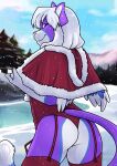  2019 blue_body blue_eyes blue_fur butt christmas clothing cloud digital_media_(artwork) feathered_wings feathers female fur hair hi_res holidays legwear looking_at_viewer looking_back looking_back_at_viewer nicoya outside plant portrait purple_body purple_fur red_clothing red_legwear red_thigh_highs shaded sky snow snowing solo standing thigh_highs three-quarter_portrait tree white_body white_fur white_hair wings zyira 