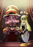  2girls absurdres alina_gray alina_gray_(halloween_ver.) bandaged_arm bandages boots bubble_skirt candy chain choker dark_background food frills ghost ghost_tail green_hair halloween halloween_costume hat highres holding looking_at_viewer magia_record:_mahou_shoujo_madoka_magica_gaiden magical_girl mahou_shoujo_madoka_magica mask_over_one_eye misono_karin misono_karin_(halloween_ver.) multicolored_clothes multiple_girls painting_(object) poa pumpkin purple_hair ribbon sarashi sitting skirt smile star_(symbol) throne 
