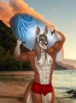  2022 abs anthro beach bottomwear brown_body brown_fur clothed clothing cooper_(cobar)_barret digital_media_(artwork) ears_up fur green_eyes hair hi_res jewelry kangaroo long_ears long_hair looking_at_viewer macropod male mammal marsupial multicolored_body multicolored_fur muscular muscular_anthro muscular_male natttttalina navel necklace nipples pecs red_clothing red_kangaroo red_underwear seaside smile solo sunset surfboard swimming_trunks swimwear underwear 