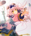  1girl animal_ears arknights bangs black_hairband cat_ears cat_girl closed_mouth coat floppy_ears goldenglow_(arknights) hairband lightning_bolt_print long_sleeves namie-kun open_clothes open_coat pink_coat pink_hair print_hairband short_hair solo staff two-tone_coat yellow_eyes 