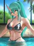  1girl arknights armpits black_swimsuit breasts cleavage green_hair highres horns hoshiguma_(arknights) looking_at_viewer muscular muscular_male navel ponytail pool smile smitcuk solo stomach sunglasses swimsuit upper_body wet wet_clothes wet_swimsuit yellow_eyes 