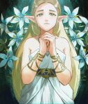  1girl absurdres bangs bare_shoulders blonde_hair bracer breasts dress gold_necklace green_eyes highres jewelry long_hair looking_up medium_breasts necklace own_hands_clasped own_hands_together parted_bangs princess_zelda sidelocks silent_princess sleeveless sleeveless_dress solo strapless strapless_dress the_legend_of_zelda the_legend_of_zelda:_breath_of_the_wild upper_body white_dress yurian_(user_utch8788) 