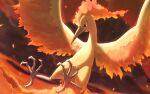  bird blurry blurry_background brown_eyes closed_mouth commentary_request molten_rock moltres naoki_eguchi no_humans outdoors pokemon pokemon_(creature) solo talons 