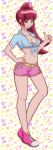  1girl absurdres aino_megumi bare_legs bebii belt_buckle breasts buckle cleavage collarbone full_body hand_on_hip happinesscharge_precure! high_ponytail highres long_hair looking_at_viewer midriff navel no_bra older pink_footwear pink_shorts precure red_eyes red_hair shiny shiny_hair short_shorts shorts side_ponytail small_breasts solo standing stomach very_long_hair yellow_belt 