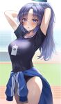  1girl :o arms_behind_head bangs blue_archive blue_eyes blurry blurry_background blush clothes_around_waist halo highres id_card jacket jacket_around_waist long_hair looking_at_viewer purple_eyes purple_hair shirt solo star_(symbol) sweat thighs track_and_field track_jacket underwear usa_b yuuka_(blue_archive) 