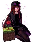  1girl absurdres ander_(at2.) bangs black_skirt blush brown_hair closed_mouth destinyplayer1 enderman flower grass_block hat highres long_hair long_sleeves looking_at_viewer minecraft pantyhose pleated_skirt purple_eyes red_flower red_rose rose skirt smile solo very_long_hair 