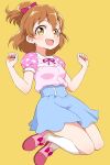  1girl blue_skirt doriyamatsurugi highres jumping mahou_girls_precure! midair precure skirt smile yamabuki_inori yellow_background 