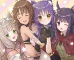  4girls :d ;o ^_^ animal_ear_fluff animal_ears black_gloves black_hair black_necktie breast_press breasts brown_eyes brown_hair brown_vest capelet cat_ears cleavage closed_eyes collared_shirt eyelashes fang gloves green_eyes grey_hair highres hug kaori_(princess_connect!) kasumi_(princess_connect!) long_hair looking_at_viewer maho_(princess_connect!) maid_headdress makoto_(princess_connect!) medium_breasts midriff multiple_girls navel necktie one_eye_closed princess_connect! purple_hair red_capelet red_eyes shiny shiny_hair shinzousan shirt skin_fang smile stomach very_long_hair vest white_shirt wing_collar 