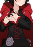  belt black_hair blush breasts cape corset cross flower head_out_of_frame highres hood morisobo nipples one_breast_out ruby_rose rwby small_breasts 