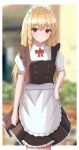  1girl absurdres adapted_costume aohane apron bangs blonde_hair blurry blurry_background bow bowtie closed_mouth collarbone hand_on_hip highres kirisame_marisa long_hair looking_at_viewer maid maid_headdress outdoors outside_border red_bow red_bowtie red_eyes short_sleeves solo standing touhou waist_apron white_apron 
