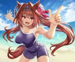  1girl :d animal_ears armpits bangs beach blue_sky blue_swimsuit breasts cloud cloudy_sky crown daiwa_scarlet_(umamusume) horse_ears horse_girl horse_tail large_breasts long_hair looking_at_viewer one-piece_swimsuit open_mouth orange_hair outdoors pink_eyes sand school_uniform sky smile solo swimsuit tail twintails umamusume uousa-ou water wet 