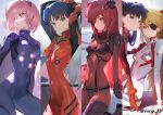  4girls adapted_costume alternate_costume bangs bident black_bodysuit black_hair blue_eyes bodysuit breasts closed_mouth cosplay covered_navel crossover earrings eva_02 evangelion:_2.0_you_can_(not)_advance evangelion:_3.0+1.0_thrice_upon_a_time fate/grand_order fate/stay_night fate_(series) floating_hair foot_out_of_frame full_body grin hair_between_eyes hair_over_one_eye hairpods hairstyle_connection hand_on_another&#039;s_shoulder head_tilt highres holding holding_shield impossible_bodysuit impossible_clothes interface_headset jewelry lance_of_longinus leaning_forward light_brown_hair lily_servant long_hair look-alike looking_at_viewer looking_away looking_to_the_side lord_camelot_(fate) mash_kyrielight mecha medium_breasts multicolored_bodysuit multicolored_clothes multiple_girls neon_genesis_evangelion one_knee open_mouth parted_bangs parted_lips pilot_suit pink_eyes pink_hair plugsuit purple_bodysuit purple_hair rebuild_of_evangelion red_bodysuit red_eyes robot scathach_(fate) shield short_hair siino simple_background sitting skin_tight small_breasts smile souryuu_asuka_langley souryuu_asuka_langley_(cosplay) teeth test_plugsuit thighs tight tohsaka_rin trait_connection twintails twitter_username two_side_up tying_hair wariza white_bodysuit younger 