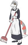  2021 alpha_channel anthro broom canisfidelis cleaning_tool clothed clothing crossdressing eyebrows footwear green_eyes grey_body holding_broom holding_cleaning_tool holding_object lizard looking_aside maid_apron maid_headdress maid_uniform male multicolored_body okami_tokage reptile scalie smile solo standing two_tone_body uniform white_body 
