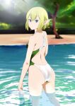  1girl absurdres ass back blonde_hair blue_eyes closed_mouth competition_swimsuit day dungeon_ni_deai_wo_motomeru_no_wa_machigatteiru_darou_ka elf green_swimsuit highres looking_at_viewer one-piece_swimsuit pointy_ears pool ryu_lion short_hair solo standing sunlight swimsuit tonotyama tree turning_head two-tone_swimsuit wading water white_swimsuit 