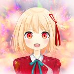  1girl :d bangs blonde_hair blue_bow bow collared_dress dress hair_ribbon highres kiri_sakura looking_at_viewer lycoris_recoil nishikigi_chisato red_dress red_eyes red_ribbon ribbon smile solo teeth upper_body upper_teeth 