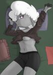  3_fingers allison_wool_(hitsuji) anthro bovid breasts caprine clothing female fingers handkerchief hi_res hitsuji kerchief looking_at_viewer lying mammal on_back one_eye_closed pillow sheep solo spats sweater topwear under_boob 