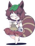  1girl animal_ears blush_stickers brown_eyes brown_hair brown_shirt brown_skirt fried_rice0614 full_body futatsuiwa_mamizou highres leaf leaf_on_head one-hour_drawing_challenge one_eye_closed open_mouth raccoon_ears raccoon_tail shirt short_hair simple_background skirt smile solo standing standing_on_one_leg tail touhou white_background 