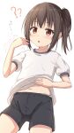  1girl ? ?? absurdres bangs black_hair black_shorts blue_panties brown_eyes commentary_request gym_shirt gym_shorts gym_uniform highres hippo_(hirople) lifted_by_self navel original panties panties_under_shorts shirt short_shorts shorts side_ponytail simple_background solo translation_request underwear white_background white_shirt 
