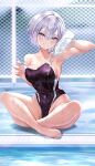  1girl bangs bare_shoulders barefoot blue_eyes blurry blurry_background blush bottle breasts cleavage clothes_pull collarbone competition_swimsuit covered_navel grey_hair grin hair_between_eyes haishiki hand_up head_tilt highleg highleg_swimsuit highres holding holding_bottle indian_style long_bangs looking_at_viewer medium_breasts mole mole_under_eye one-piece_swimsuit original poolside shiny shiny_hair short_hair sitting smile solo strap_slip swimsuit swimsuit_pull water water_bottle wet 