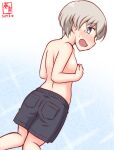  1girl alternate_costume androgynous black_shorts blue_eyes commentary_request covering covering_breasts cowboy_shot dated embarrassed from_behind grey_hair kanon_(kurogane_knights) kantai_collection looking_at_viewer looking_back male_swimwear male_swimwear_challenge one-hour_drawing_challenge short_hair shorts simple_background solo swim_trunks tears topless white_background z1_leberecht_maass_(kancolle) 