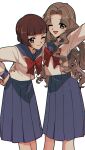  2girls absurdres bangs black_eyes blue_sailor_collar blue_skirt blunt_bangs bob_cut brown_hair cardcaptor_sakura daidouji_sonomi feet_out_of_frame forehead green_eyes highres kinomoto_nadeshiko long_shirt multiple_girls nzeneee one_eye_closed pleated_skirt sailor_collar school_uniform serafuku short_hair simple_background skirt teenage wavy_hair white_background younger 