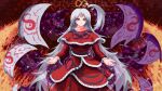  1girl absurdres black_ribbon breasts capelet constellation demon_wings dress english_commentary grey_eyes grey_hair hair_bobbles hair_ornament highres layered_dress long_hair long_sleeves looking_at_viewer medium_breasts multiple_wings neck_ribbon nukekip parted_lips pixel_art purple_ribbon red_capelet red_dress ribbon shinki_(touhou) shiny shiny_hair side_ponytail solo touhou touhou_(pc-98) very_long_hair wide_sleeves wings 