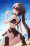  1girl absurdres ass back beach bikini bikini_skirt black_bikini blue_sky brown_hair cloud day flower-shaped_pupils food from_behind genshin_impact highres holding holding_food hu_tao_(genshin_impact) long_hair looking_at_viewer looking_back neit_ni_sei outdoors popsicle_in_mouth red_eyes sandals sky solo swimsuit symbol-shaped_pupils thighs twintails very_long_hair wet 