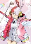  1girl :d akechi_shizuku blush commentary_request dress feathered_wings grey_hair hair_over_one_eye hair_rings highres hood hood_down hooded_jacket jacket long_hair long_sleeves looking_at_viewer microphone microphone_stand multicolored_hair one_piece open_clothes open_jacket outstretched_arms pink_jacket purple_eyes red_hair red_jacket smile solo spread_arms two-tone_hair uta_(one_piece) very_long_hair white_dress white_wings wings 