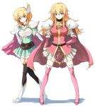  2girls aqua_dress aqua_eyes armor bangs belt black_choker black_thighhighs blonde_hair blue_eyes boots breastplate breasts choker commentary_request dress echizen_(hvcv) elbow_gloves fire_emblem fire_emblem:_genealogy_of_the_holy_war full_body gloves grey_skirt hand_on_hip lachesis_(fire_emblem) long_hair looking_at_viewer medium_breasts miniskirt mother_and_daughter multiple_girls nanna_(fire_emblem) pauldrons pink_footwear pink_gloves pink_shirt pleated_dress pleated_skirt shirt short_dress short_hair short_sleeves shoulder_armor simple_background skirt smile thigh_boots thighhighs third-party_source white_background white_footwear white_gloves wing_hair_ornament 