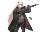  1girl absurdres alternate_costume ammunition_belt assault_rifle bangs battle_rifle belt black_belt black_coat black_pants blonde_hair bodystocking breasts closed_mouth coat commission covered_navel feet_out_of_frame g3_(girls&#039;_frontline) girls&#039;_frontline gun h&amp;k_g3 hair_ornament hairclip harness highres holding holding_gun holding_weapon lips long_hair looking_at_viewer magazine_(weapon) military_coat open_clothes open_coat pants pixiv_request purple_eyes redaiba rifle solo standing transparent_background weapon wide_sleeves 