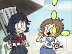  2girls :d ball black_hair black_shirt black_skirt blue_eyes blue_skirt brown_eyes brown_hair cartoon_network day derivative_work eye_contact fake_screenshot hand_on_hip highres index_finger_raised initials jpeg_artifacts kill_la_kill lolwutburger looking_at_another mankanshoku_mako matoi_ryuuko multicolored_hair multiple_girls outdoors school_uniform screencap_redraw senketsu serafuku shirt short_hair short_sleeves skirt smile streaked_hair suspenders tennis_ball two-tone_hair weapon white_shirt 