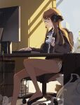  1girl ahoge artist_name bag barefoot black_shirt brown_eyes brown_hair closed_mouth collared_shirt computer cup foot_out_of_frame headphones headset highres holding holding_cup indoors keyboard_(computer) legs long_hair looking_at_screen loose_necktie marmaladica messy_room microphone monitor morgana_(persona_5) necktie no_pants panties persona persona_5 sakura_futaba shirt socks_removed solo striped striped_panties thighs trash_can underwear window wire 
