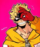  1boy black_mask blonde_hair boku_no_hero_academia collarbone commentary_request fat_gum_(boku_no_hero_academia) grin highres hood hood_down jacket long_sleeves looking_at_viewer male_focus monu ok_sign ok_sign_over_eye outline pink_background short_hair signature simple_background smile solo white_outline yellow_jacket zipper_pull_tab 