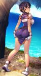  1girl ass ass_focus ass_grab assertive_female black_hair blush breasts cliff commission commissioner_upload fire_emblem fire_emblem:_genealogy_of_the_holy_war half-closed_eyes highres kagato007 larcei_(fire_emblem) looking_at_viewer looking_back short_hair smile solo tree water 