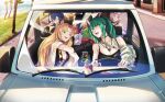  4girls :d animal_ears arknights bangs bare_shoulders blonde_hair blue_hair breasts can car ch&#039;en_(arknights) ch&#039;en_the_holungday_(arknights) cleavage cup disposable_cup drinking_straw driving fang green_eyes green_hair ground_vehicle hand_up highres hoshiguma_(arknights) jewelry lin_yuhsia_(arknights) long_hair long_sleeves looking_at_another medium_breasts motor_vehicle multiple_girls ocean open_mouth outdoors pendant peppsi_(saba_sabasuk0) ponytail purple_eyes purple_hair road smile swire_(arknights) tiger_ears tree upper_body water yellow_eyes 