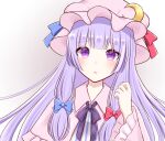 1girl absurdres bangs blue_bow blue_ribbon blunt_bangs bow capelet commentary crescent crescent_hat_ornament grey_background hair_bow hat hat_ornament hat_ribbon highres light_blush light_frown long_hair looking_at_viewer mob_cap patchouli_knowledge piyoru_nico purple_eyes purple_hair purple_ribbon red_bow red_ribbon ribbon simple_background solo touhou upper_body wide_sleeves 