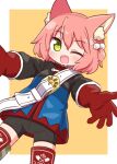  1girl 7th_dragon 7th_dragon_(series) ;d animal_ear_fluff animal_ears belt belt_buckle bike_shorts black_shorts blue_jacket blush brown_background buckle cat_ears commentary_request fighter_(7th_dragon) gloves green_eyes hair_bobbles hair_ornament harukara_(7th_dragon) highres jacket long_sleeves looking_at_viewer naga_u one_eye_closed one_side_up pink_hair red_gloves short_shorts shorts smile solo striped striped_thighhighs thighhighs two-tone_background white_background white_belt 