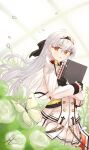  1girl :o artist_name bangs black_gloves black_hairband black_ribbon blurry blurry_background blush book bug butterfly crossed_arms feet_out_of_frame girls&#039;_frontline glasses gloves green_butterfly hair_ornament hair_ribbon hairband hairclip highres holding holding_book iws_2000_(girls&#039;_frontline) jacket long_hair long_sleeves looking_at_viewer open_mouth orange_eyes ribbon skirt solo standing uniform unitaka white_hair white_jacket white_skirt 