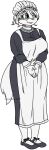  2021 anthro badger big_breasts breasts canisfidelis clothing facial_markings female footwear green_eyes grey_body hair head_markings looking_aside maid_apron maid_headdress maid_uniform mammal markings multicolored_body mustelid musteline smile solo standing two_tone_body uniform white_body white_hair 