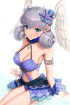  1girl absurdres blue_eyes breasts cleavage gonzarez green_hair head_wings highres juliet_sleeves long_sleeves medium_breasts melia_antiqua navel o-ring puffy_sleeves solo swimsuit xenoblade_chronicles_(series) xenoblade_chronicles_1 