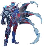  1boy absurdres armor asymmetrical_armor cape catball1994 claws full_armor full_body glowing glowing_eyes helmet highres kamen_rider kamen_rider_demons kamen_rider_revice male_focus silk solo spider_genome spider_web spider_web_print spiked_armor tokusatsu white_background 