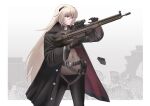  1girl absurdres alternate_costume ammunition_belt assault_rifle bangs battle_rifle belt black_belt black_coat black_pants blonde_hair bodystocking breasts closed_mouth coat commission covered_navel feet_out_of_frame g3_(girls&#039;_frontline) girls&#039;_frontline gun h&amp;k_g3 hair_ornament hairclip harness highres holding holding_gun holding_weapon lips long_hair looking_at_viewer magazine_(weapon) military_coat open_clothes open_coat pants pixiv_request purple_eyes redaiba rifle simple_background solo standing weapon wide_sleeves 