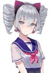  1girl absurdres bangs blush breasts bronya_zaychik drill_hair grey_eyes grey_hair highres honkai_(series) honkai_impact_3rd looking_at_viewer scarlet23i0 simple_background small_breasts smile solo twin_drills white_background 