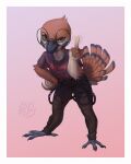  2021 4:5 anthro artist_logo avian beak black_beak black_bottomwear black_clothing black_pants border bottomwear brown_body brown_eyes brown_feathers claws clothing dated eyelashes eyewear feathers female front_view glasses glistening glistening_eyes gradient_background grey_claws hi_res logo looking_at_viewer lostgoose open_mouth pants round_glasses shirt simple_background solo standing t-shirt topwear white_border 