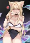  1girl :q absurdres ahri_(league_of_legends) animal_ears bangs black_choker black_leotard blonde_hair blush bracelet breasts choker dolechan facial_mark fox_ears hand_up highres jewelry k/da_(league_of_legends) k/da_ahri large_breasts league_of_legends leotard long_hair looking_at_viewer smile solo thigh_gap thighs tongue tongue_out yellow_eyes 