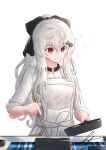  1girl alternate_costume apron artist_name bangs black_ribbon breasts closed_mouth frying_pan girls&#039;_frontline hair_ornament hair_ribbon hairclip highres holding holding_frying_pan holding_stick iws_2000_(girls&#039;_frontline) kitchen long_hair looking_at_viewer looking_down ponytail red_eyes ribbon shirt sleeves_rolled_up smile solo stick unitaka upper_body white_apron white_background white_hair white_shirt 