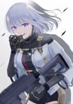  1girl absurdres bangs black_bodysuit black_shorts bodysuit breasts defy_(girls&#039;_frontline) feet_out_of_frame girls&#039;_frontline gloves grey_hair gun hair_ornament hairclip highres holding holding_gun holding_mask holding_weapon looking_at_viewer machine_gun mask medium_breasts medium_hair open_mouth purple_eyes rpk-16 rpk-16_(girls&#039;_frontline) shadow shorts smile solo sorayan_03 standing tactical_clothes teeth upper_teeth weapon white_background wide_sleeves wire 